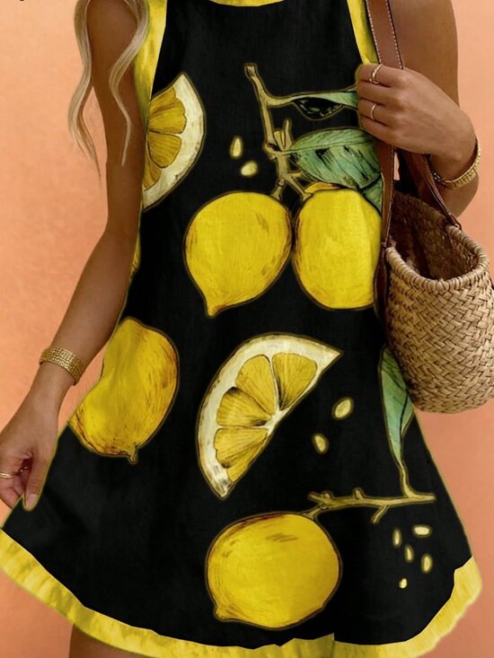 Dresses & Skirts - Black Vintage Women's Elegant Sleeveless Dress Beach Colorblock Lemon Leaf Print